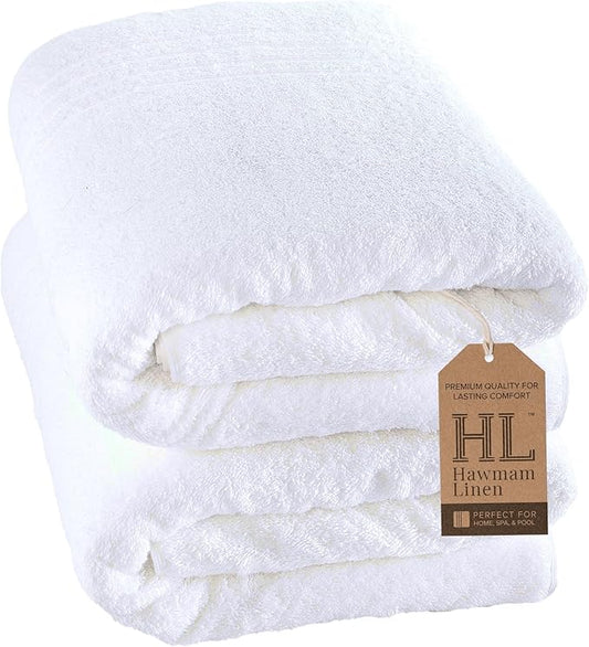 Hammam Linen Jumbo Large Bath Sheets Towels 2 Pack 35 x 70 Inches Soft Premium Quality 100% Cotton Towels, White
