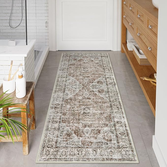 Uphome Bathroom Runner Rug, Distressed Tribal Farmhouse Khaki Bathroom Mat, Large Bathroom Rugs Non Slip Washable, Oriental Retro Boho Bath Mat Runner for Bathtub Sink Hallway, 24x59 inch