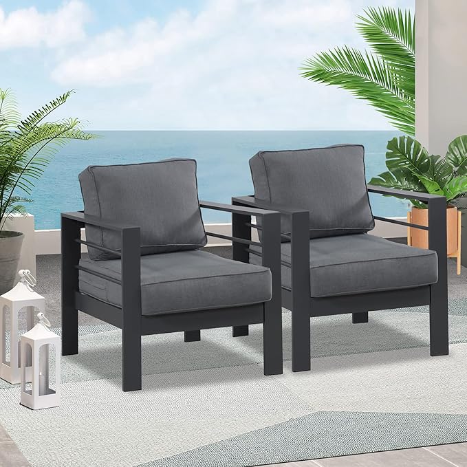 Wisteria Lane 2 Pieces Patio Furniture Aluminum Outdoor Chair, All-Weather Outdoor Single Chair, Grey Metal Chair with Dark Grey Cushions