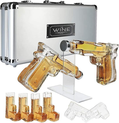 Pistol Whiskey Decanter Set & 6 Pistol Glasses - Unique Whiskey Set for Home Bar, Bourbon Gifts for Men, Birthday Gift for Dad, Liquor Dispenser, Personalized Gifts for Men - Carrying Case Included