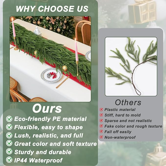 Christmas Garland, 6.3FT Real Touch Faux Green Norfolk Pine Garlands, Table, Fireplace, Winter Artificial Greenery Garland for Mantle, Stairs, Indoor & Outdoor Xmas Decorations