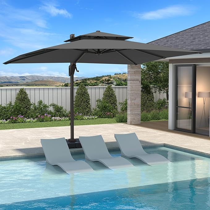 10 X 13 FT Cantilever Patio Umbrella Outdoor Heavy Duty Double Top Windproof Rectangle Offset Umbrellas with 360-degree Rotation for Pool Deck Backyard, Grey