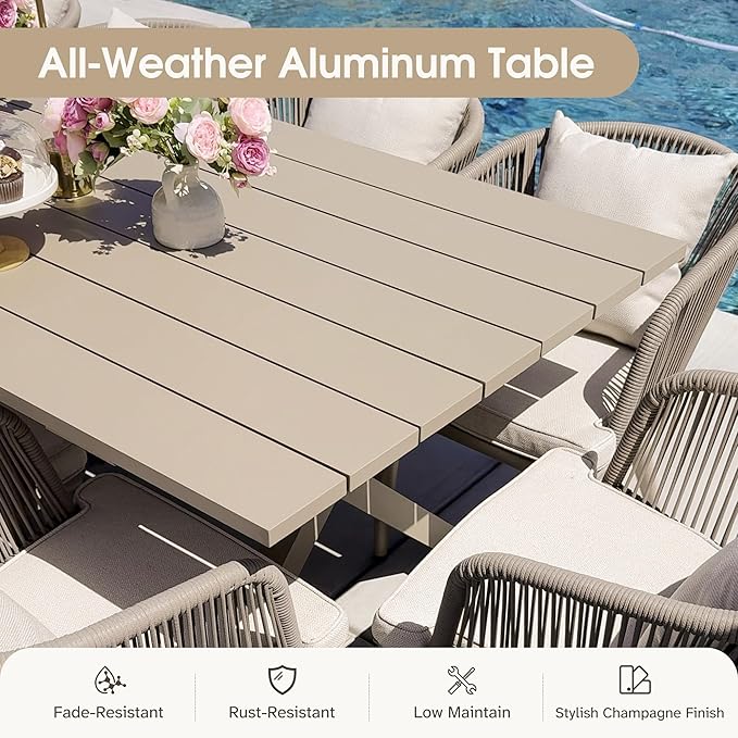 PURPLE LEAF 9 Pieces Patio Dining Table Set Wicker Outdoor Furniture Rectangular Table and Chairs Set for Garden Deck Aluminum Frame Backyard Kitchen Set, Cushions and Pillows Included Champagne