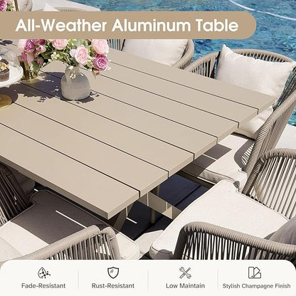 PURPLE LEAF 7 Pieces Patio Dining Table Set Wicker Outdoor Furniture Rectangular Table and Chairs Set for Garden Deck Aluminum Frame Backyard Kitchen Set, Cushions and Pillows Included Champagne