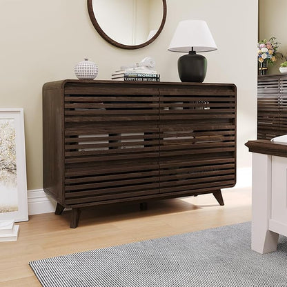 Walnut Dresser for Bedroom, Fluted 6 Drawers Dresser, Wide Chests of Drawers with Grille & Curved Design, Dressers Slides Pre-Installed, Large Wood Drawer Organizer for Bedroom Hallway
