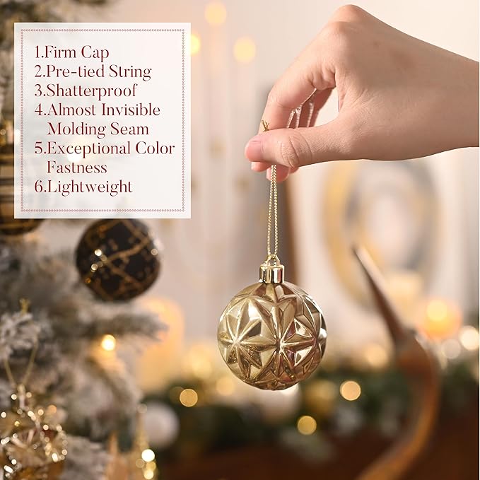 Valery Madelyn Ornaments for Christmas Trees, 9ct 2.36 Inches Black and Gold Shatterproof Christmas Tree Decorations, Luxury Hanging Ball Ornaments for Xmas Holiday Party Decor