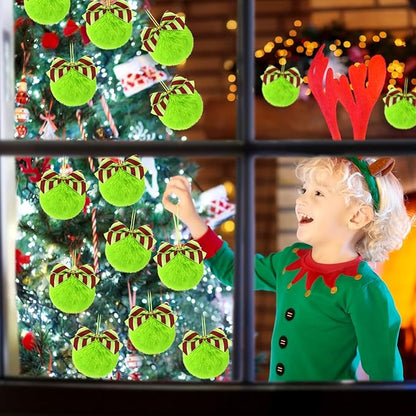 Norme 24-Pack Lime Green Furry Christmas Balls with Bow, 4" Soft Faux Fur Plush Pom Pom Ball Ornaments for Christmas Tree Hanging Decorations Party Fireplace Mantel Wall Decor(Stripe)