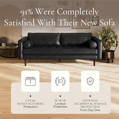 Poly & Bark Napa Leather Couch - 88.5-Inch Office Sofa with 2 Bolsters - Full-Grain Leather Sofa for Living Room with Feather-Down Topper - Living Room Couch - Vintage Italian Leather in Onyx Black