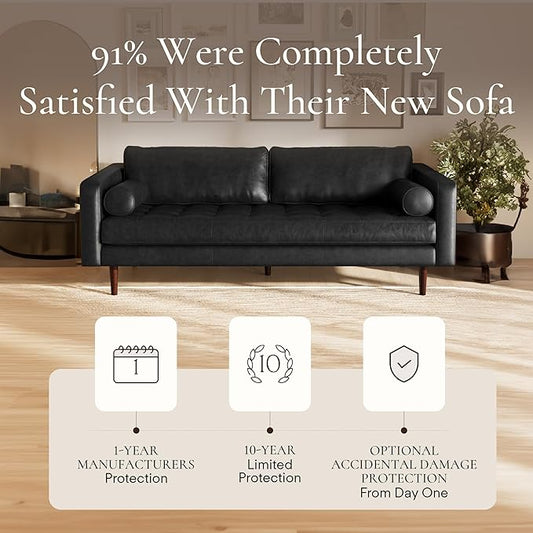 Poly & Bark Napa Leather Couch - 88.5-Inch Office Sofa with 2 Bolsters - Full-Grain Leather Sofa for Living Room with Feather-Down Topper - Living Room Couch - Vintage Italian Leather in Onyx Black