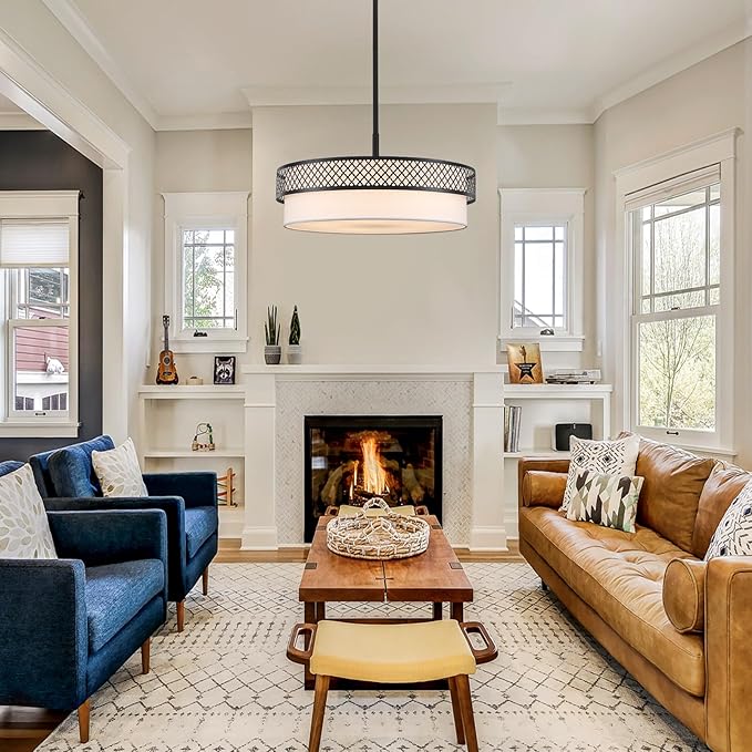 21.5" Drum Black Chandelier for Dining Room 5-Light Modern Farmhouse Chandeliers White Fabric Drum Pendant Light Fixture Large Hanging Lighting for Living Room Bedroom Kitchen Foyer Over Table, E26