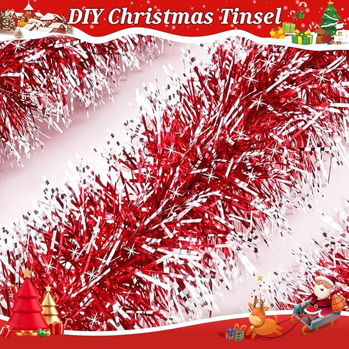 50Ft Christmas Red Tinsel Garland Xmas Tree Decorations Metallic Glitter Twist Garland for Christmas Decorations Anniversary Birthday Wedding Holiday Supplies Indoor Outdoor Supplies