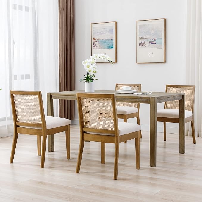 Farmhouse Rattan Dining Chairs Set of 2 Natural Wood Dining Room Chairs Rectangle Cane Country Kitchen Chairs Upholstered Dining Chair for Dining Room, Cream Linen