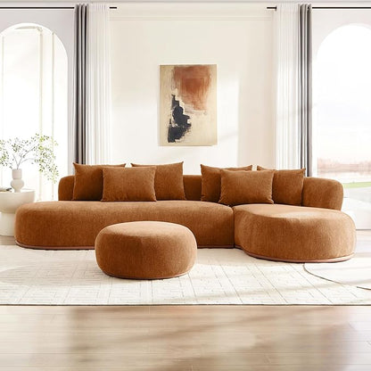 WILLIAMSPACE 134.63" Oversize Curved Sofa Cloud Couch with Round Chaise & Ottoman, Modern Upholstered Curved Sectional Sofa Couch with 6 Pillows for Living Room, No Assembly (Right-Facing,Orange)