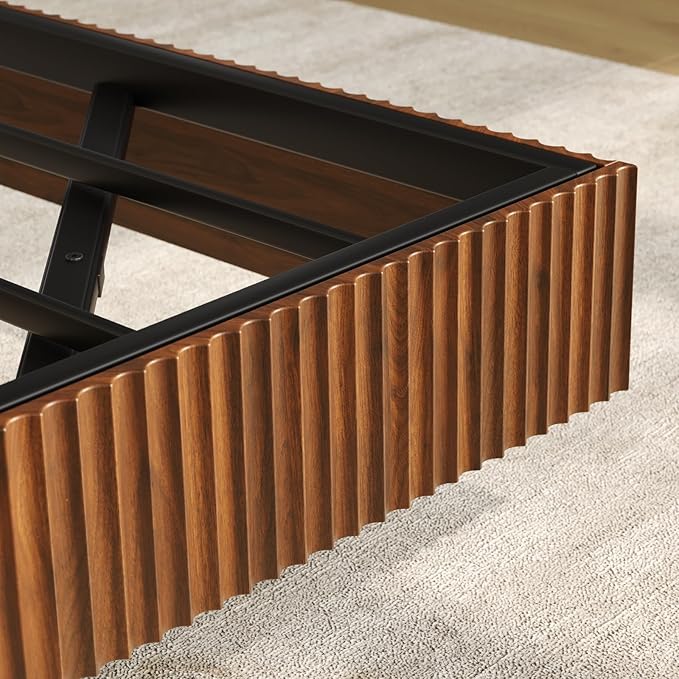 Tatub Walnut King Floating Bed Frame with LED Lights, Fluted Mid Century Modern Floating Platform Bed with Heavy Duty Metal Slats, No Box Spring Needed