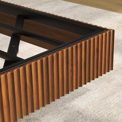 Tatub Walnut King Floating Bed Frame with LED Lights, Fluted Mid Century Modern Floating Platform Bed with Heavy Duty Metal Slats, No Box Spring Needed