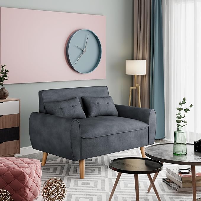 Vongrasig Small Modern Loveseat Sofa 47" Mid Century Linen 2 Seat Couch Tufted Love Seat, Dark Gray