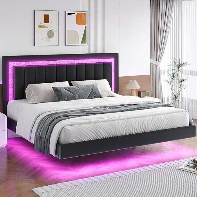 HOMBCK Floating Bed Frame King with Smart LED Lights, Faux Leather Upholstered Platform Bed with Diamond PU Headboard, No Box Spring Needed, Noise-Free, Easy Assembly, Black
