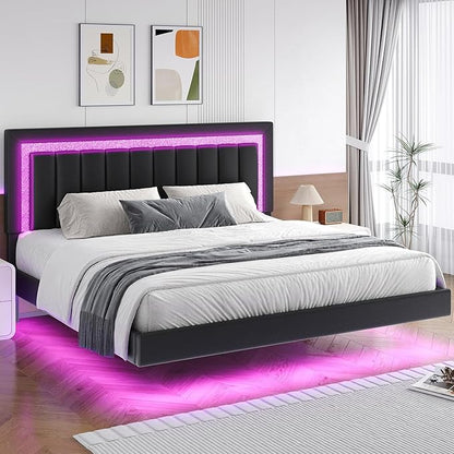 HOMBCK Floating Bed Frame King with Smart LED Lights, Faux Leather Upholstered Platform Bed with Diamond PU Headboard, No Box Spring Needed, Noise-Free, Easy Assembly, Black