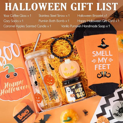 Halloween Pumpkin Boo Basket Stuffers for Adults Women, Halloween Glass with Lid and Straw, Pumpkin Mug Cute Halloweens Gifts for Women Her Sister Friend