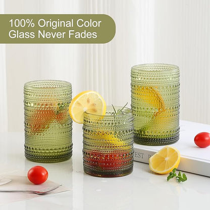 Vintage Hobnail Drinking Glasses Set of 8 Green 12 oz & 15oz Highball Glass Cups Kitchen Drinkware Glassware Embossed