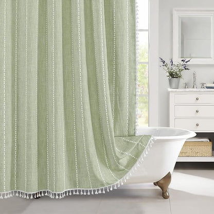 MitoVilla Sage Green Boho Shower Curtain for Vintage Rustic Bathroom Decor, Modern Farmhouse Polyester Linen Fabric Neutral Wrinkle Resistant Cloth Shower Curtain with Tassel, 72 x 72