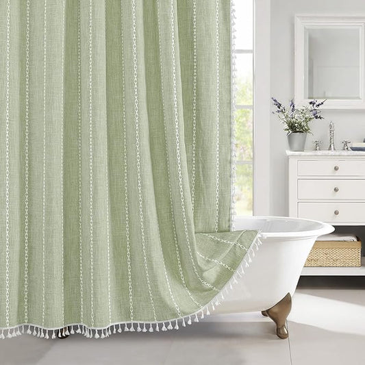 MitoVilla Sage Green Shower Curtain 72 x 78, Boho Farmhouse 78 inch Long Polyester Linen Tassel Ultra Thick Heavy Duty Fabric Shower Curtains for Chic Cottagecore French Rustic Bathroom Decor