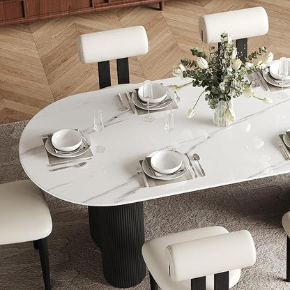 71" Modern Oval Dining Table for 6, Glossy White Sintered Stone Dining Tabletop with Black Dual-Pedestal, Easy Assembly Dining Room Table for Home Kitchen (Table Only)