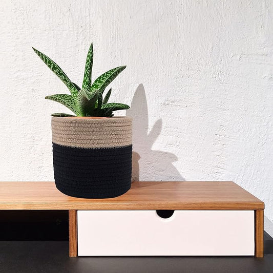 Woven Cotton Rope Plant Basket for 6" Flower Pot Floor Indoor Planters Flower Pot,Home Decor Storage Organizer H6 3/4" x W6 1/2" Black&Brown