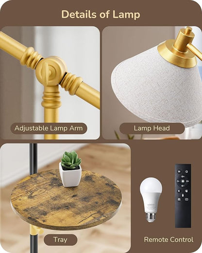 EDISHINE 68" Arc Floor Lamp with Table, Vintage Standing Lamp for Living Room, Height Adjustable, 5 Color Temperatures LED Bulb Included, Beige Shade, for Bedroom Office, Wood Grain