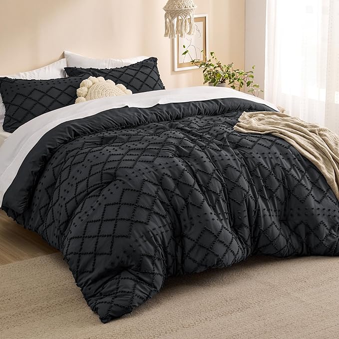 Bedsure Full Comforter Set - Black Comforter, Boho Tufted Shabby Chic Bedding for Kids, 3 Pieces Vintage Farmhouse Bed Set for All Seasons, Fluffy Soft Bedding with 2 Pillow Shams