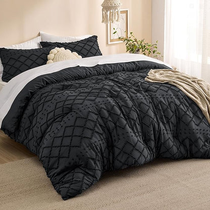Bedsure Full Comforter Set - Black Comforter, Boho Tufted Shabby Chic Bedding for Kids, 3 Pieces Vintage Farmhouse Bed Set for All Seasons, Fluffy Soft Bedding with 2 Pillow Shams
