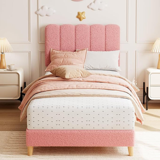 GarveeHome Twin Bed Frame, Boucle Upholstered Platform Bed with Wave Headboard for Girls/Kids, Easy Assembly, Wooden Slats Support, No Box Spring Needed, Light Pink