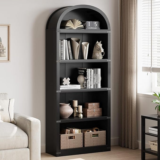 GarveeHome Bookcase 5 Shelf Arched Bookshelf 71.65 in Tall Bookcase Farmhouse Display Storage Rack Wooden Bookshelves for Home Office, Living Room
