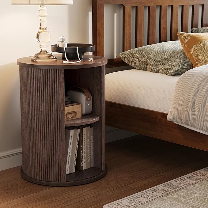 LINSY Round Fluted Nightstand, Mid Century Modern Tall Side Table with Storage, End Table with Sliding Tambour Doors, Adjustable Shelf, Small Wood Bedside Table for Bedroom, Living Room, Walnut