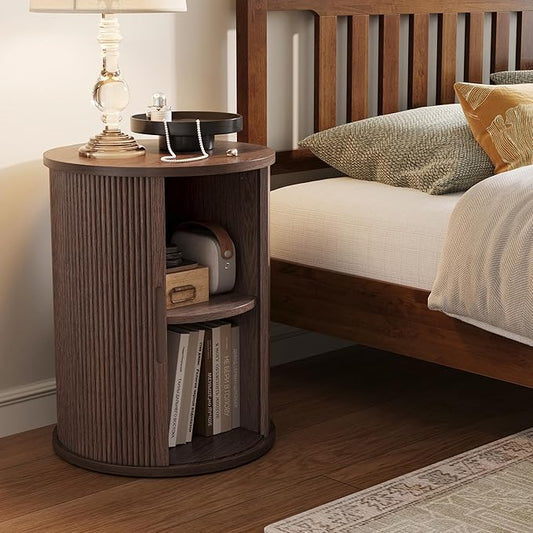LINSY Round Fluted Nightstand, Mid Century Modern Tall Side Table with Storage, End Table with Sliding Tambour Doors, Adjustable Shelf, Small Wood Bedside Table for Bedroom, Living Room, Walnut