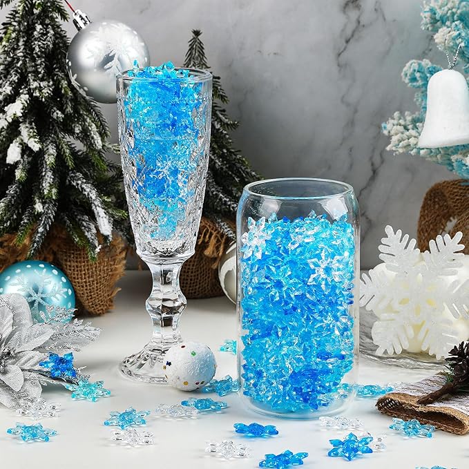 120Pcs Winter Acrylic Snowflake Ornaments 3D Blue Translucent Snowflake Crystals Gems Christmas Xmas Pendant Beads DIY Crafts for Vase Filler, Party Wedding Arts Crafts Decoration