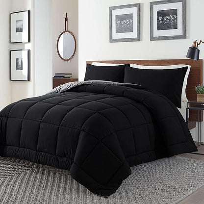DOWNCOOL King Size Comforter Set -All Season Bedding Comforters Sets with 2 Pillow Cases -3 Pieces Bed Set Down Alternative King Bedding Set -Black/Grey King Comforter Set(102"x90")