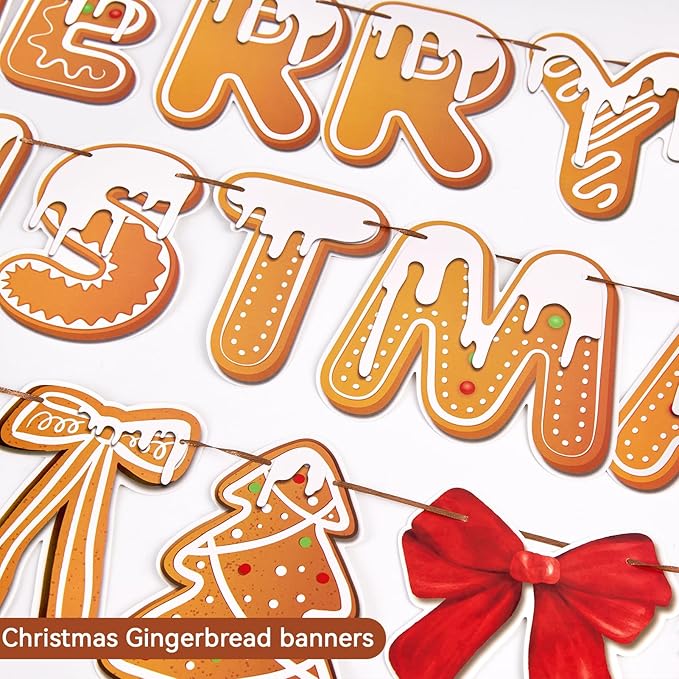 Merry Christmas Banners, Gingerbread Theme, Pre-Strung Holiday Party Décor with 20 Hanging Swirls for Home, Office, and School Celebrations