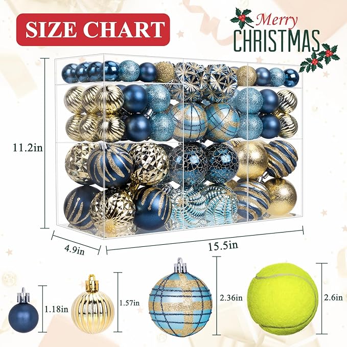 100ct Christmas Ball Ornaments Set, Blue and Gold Shatterproof Hand-Painted Hanging Baubles Decoration Bulk for Xmas Tree, Wreath, Garland, Home Holiday Decor