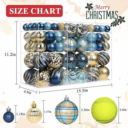100ct Christmas Ball Ornaments Set, Blue and Gold Shatterproof Hand-Painted Hanging Baubles Decoration Bulk for Xmas Tree, Wreath, Garland, Home Holiday Decor