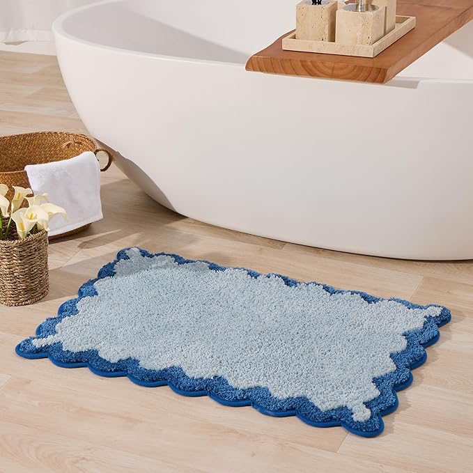 ORTIGIA Cute Blue Scalloped Bath Mat, Fun Plush Microfiber Scallop Bathroom Rugs Non Slip Washable Quick Dry Absorbent, Bathmat Bath Rug for Shower Stall Vanities Kitchen Floor Entrance, 20x32