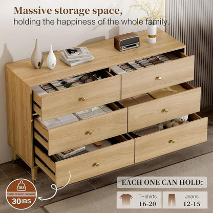 6 Drawer 47" Wide Mid Century Modern Chest of Drawers, Woody