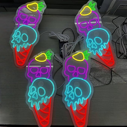 Ice Cream Skull Neon Sign, Quirky Gothic LED Wall Art,Skull Neon Light Ice Cream Neon Lighht Halloween Decor Wall Halloween Neon Sign Coffee Shop Decor, Christmas Party Bar Drink Shop-Purple