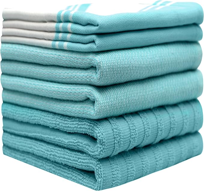 Premium Kitchen Towels 6 Pack Large Cotton Hand Towels Flat Terry Absorbent Tea Towels with Hanging Loop Wide Stripe Aqua 20x28