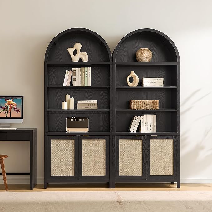 SICOTAS Book Shelf Arched Cabinet Bookshelf Arch 84.2" Tall Bookcase 5 Tier Large Bookshelves with Doors Storage Rattan Boho Wide Book Shelves Case for Living Room Kitchen Office Bedroom Library