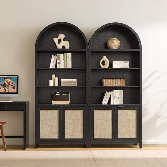 SICOTAS Book Shelf Arched Cabinet Bookshelf Arch 84.2" Tall Bookcase 5 Tier Large Bookshelves with Doors Storage Rattan Boho Wide Book Shelves Case for Living Room Kitchen Office Bedroom Library