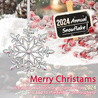 Christmas Snowflake Ornaments 2024 Decor for Christmas Tree Metal Hanging Rhinestones Glitter Crafts Snow Flake Decorations Indoor for Holidays Winter Home Window Room Door-Silver