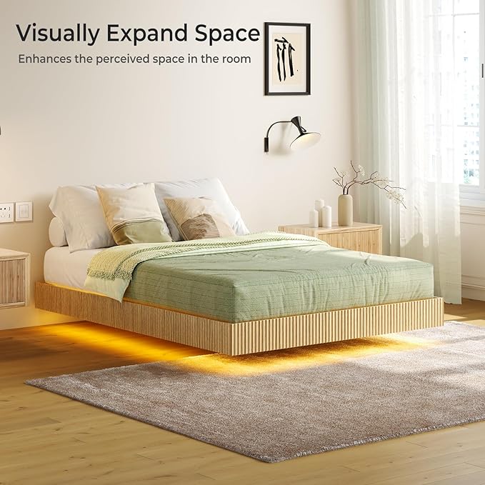 Tatub Natural Full Floating Bed Frame with LED Lights, Modern Fluted Oak Platform Bed Frame Floating, Heavy Duty Metal Slats, No Box Spring Required