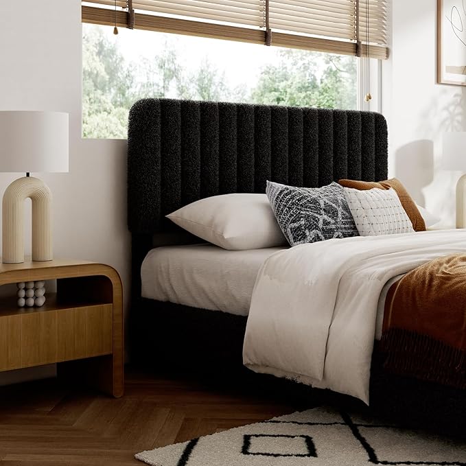 Queen Size Boucle Bed Frame, Upholstered Cloud Platform Bed Frame with Adjustable Headboard, Vertical Tufted, Soft Rounded Corners, No Box Spring Needed, Noise Free Design, Easy Assembly, Black