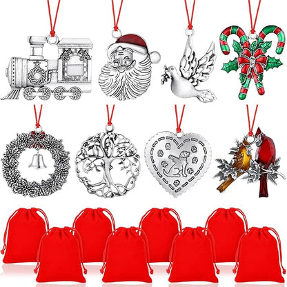 Zhengmy 8 Pieces Christmas Ornaments 2025 Solid Pewter Christmas Tree Ornament Metal Gnomes Santa Angel Snowman Hanging Craft Xmas Gifts with Red Bags(Lovely)